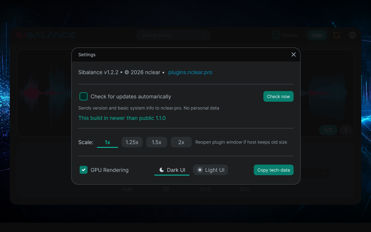 Sibalance Settings interface