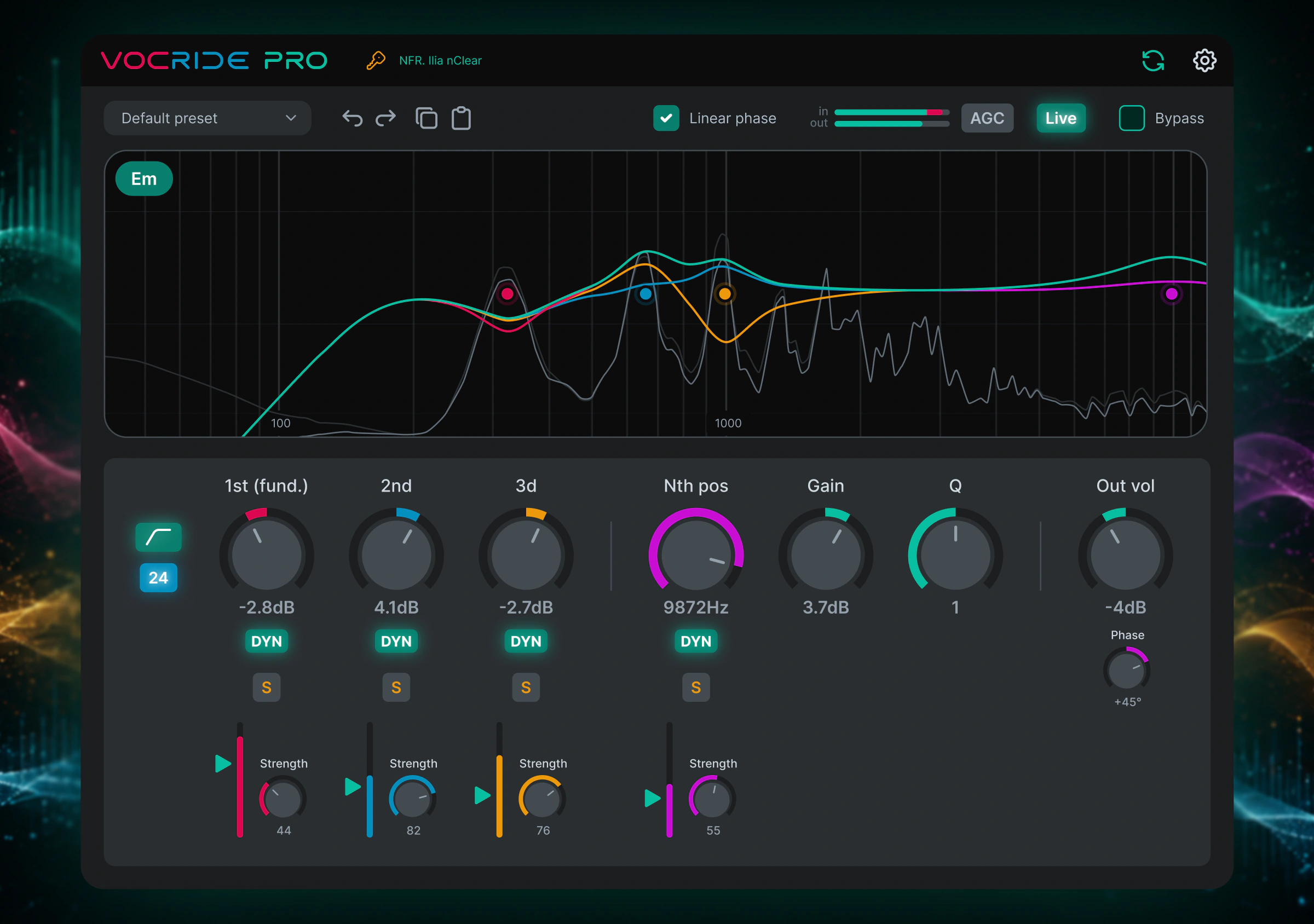 VocRide 2 Pro interface with per-band Threshold and Strength controls