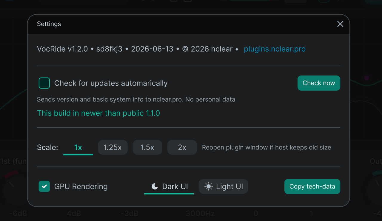 VocRide 2 Settings interface